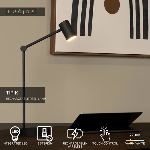 Lucide TIPIK - Rechargeable Desk lamp - Battery pack- LED 3 StepDim - 1x3W 2700K - Black - USP